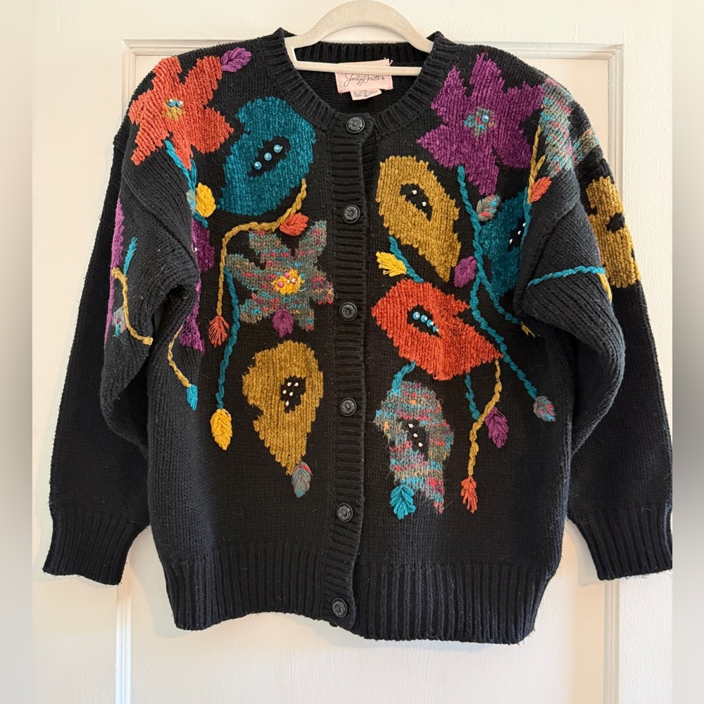 Vintage Jaclyn Smith Cardigan Beaded Floral Button Up Cardigan Black Medium